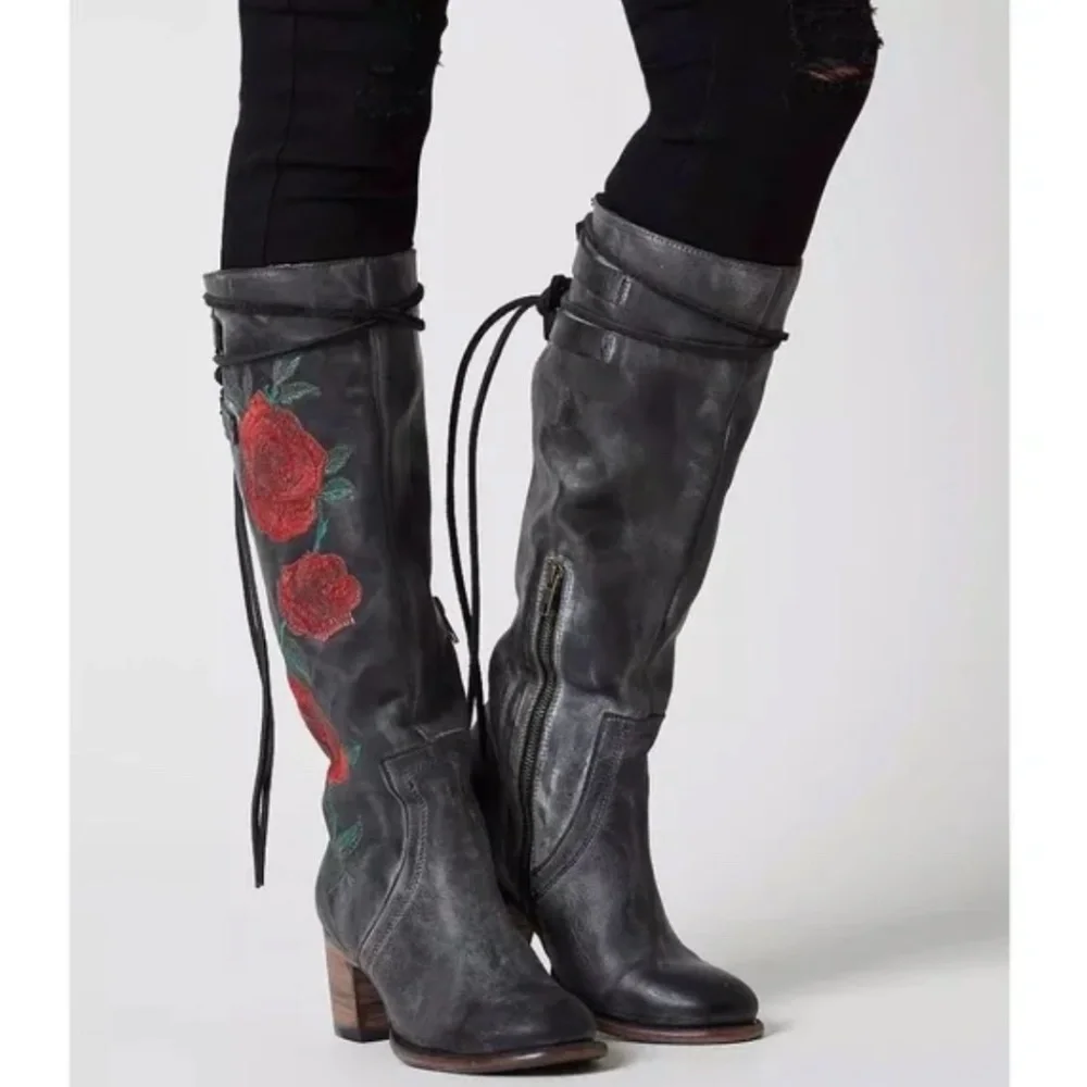 FREEBIRD by Steven Cyrus Leather Floral Embroidered Lace Up Boots Size 6 RARE!!